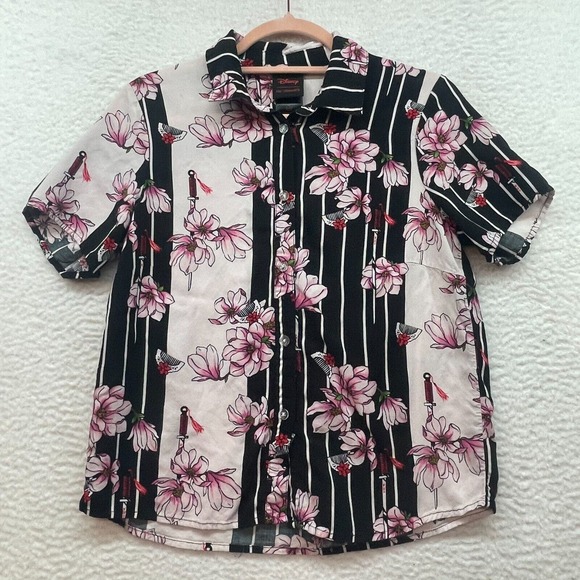 Disney Her Universe Shirt Womens Small Pink Black Mulan Floral Hot Topic Button - Picture 1 of 8